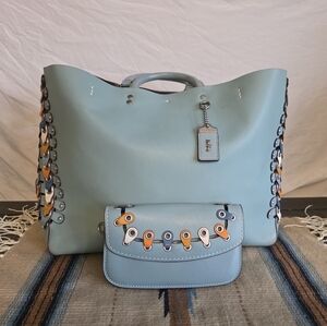Coach 1941 Rogue Tote Bag in Steel Blue leather featuring colorblock READ